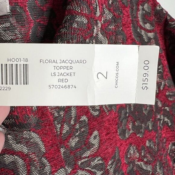 Chicos Jacket Topper Womens Size 2 US 12/14 Red Floral Jacquard Tapestry - Picture 15 of 16